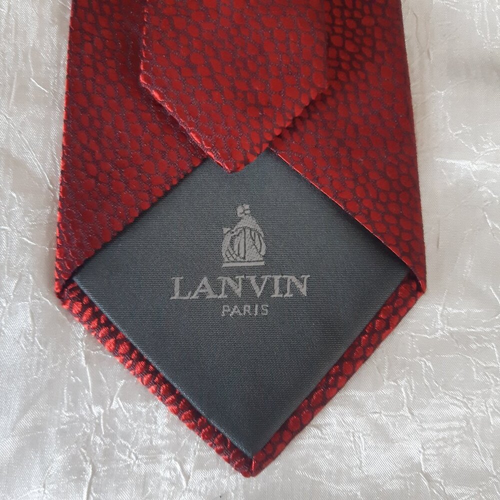 Lanvin Paris 100% Silk Men's Tie Deep Red With Black Line Pattern